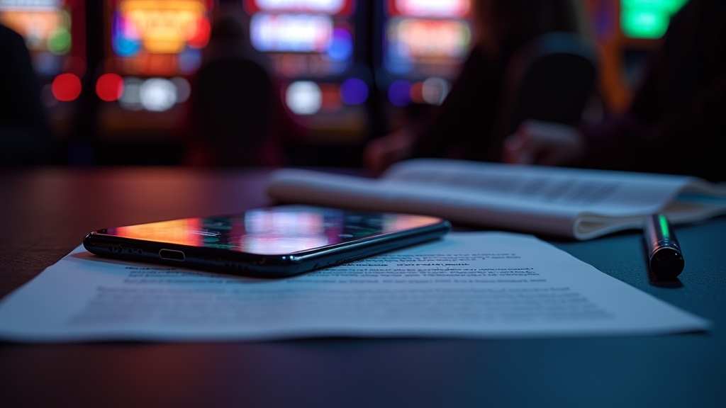 A smartphone beside legal documents in a dark neon-lit casino review scene