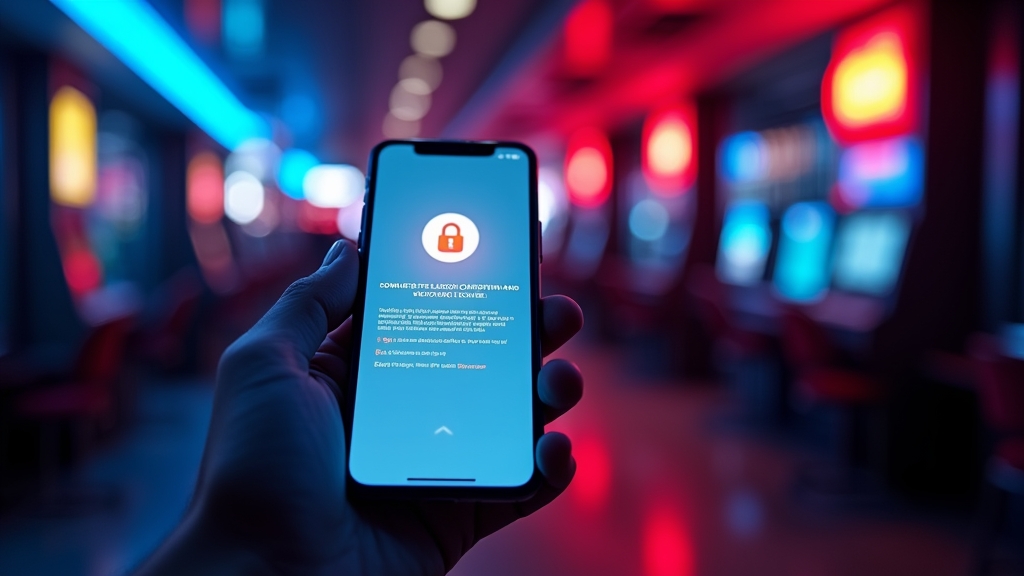 A smartphone download screen in a neon-lit casino corridor with security warnings