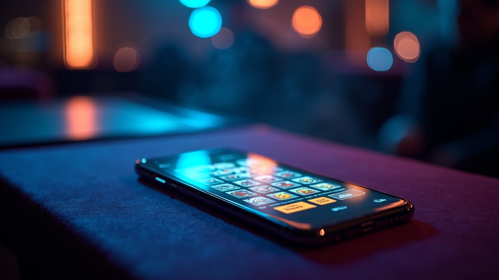 A glowing smartphone in a dark casino lounge showing a mobile game interface