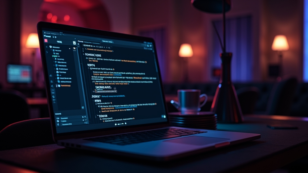 Glowing bonus code on a laptop in a dark casino-style setting