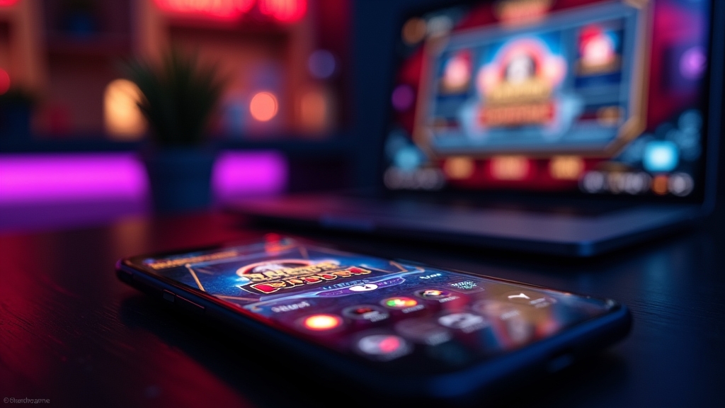 A smartphone casino game interface beside a laptop in a dark neon lounge