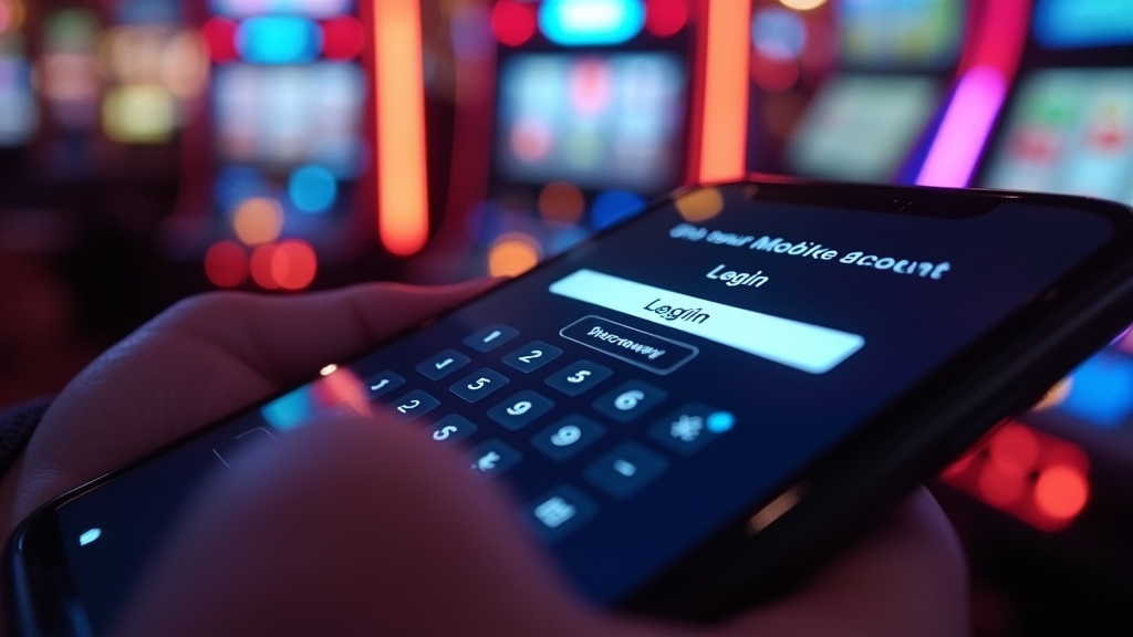 A smartphone login screen glowing in a dark neon casino setting