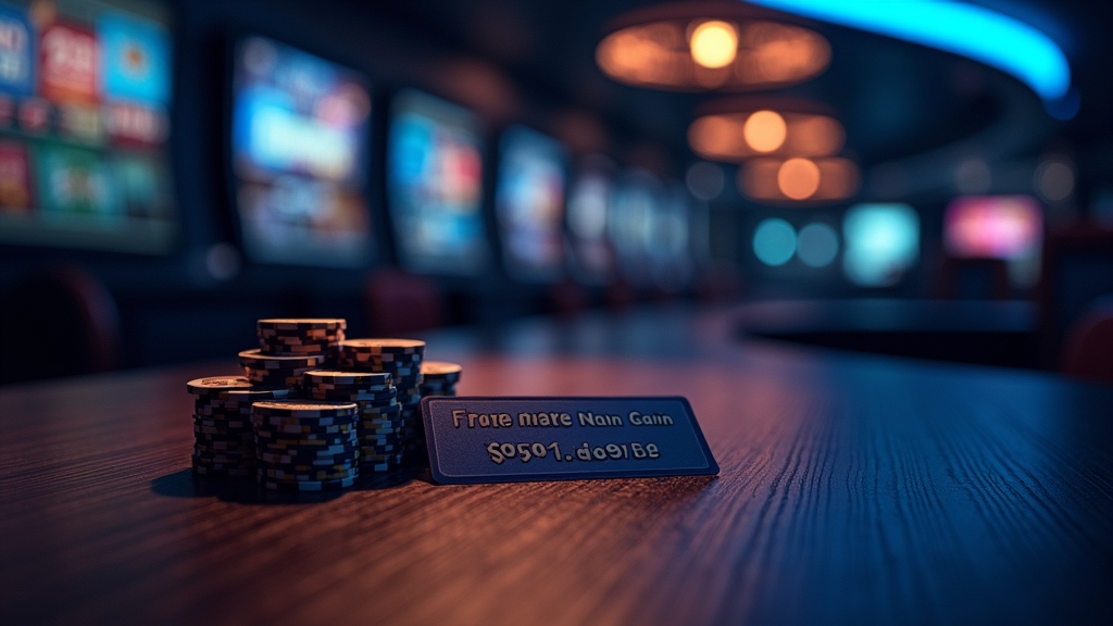 Free bonus voucher beside welcome offer signage in a dark casino scene