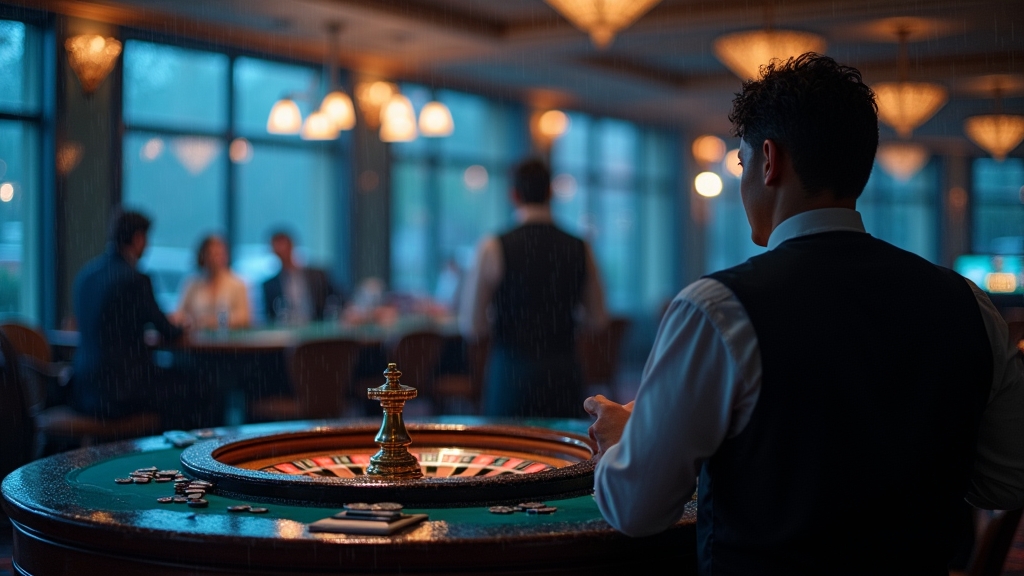 Player waiting for a pending withdrawal in a dark casino cashier area